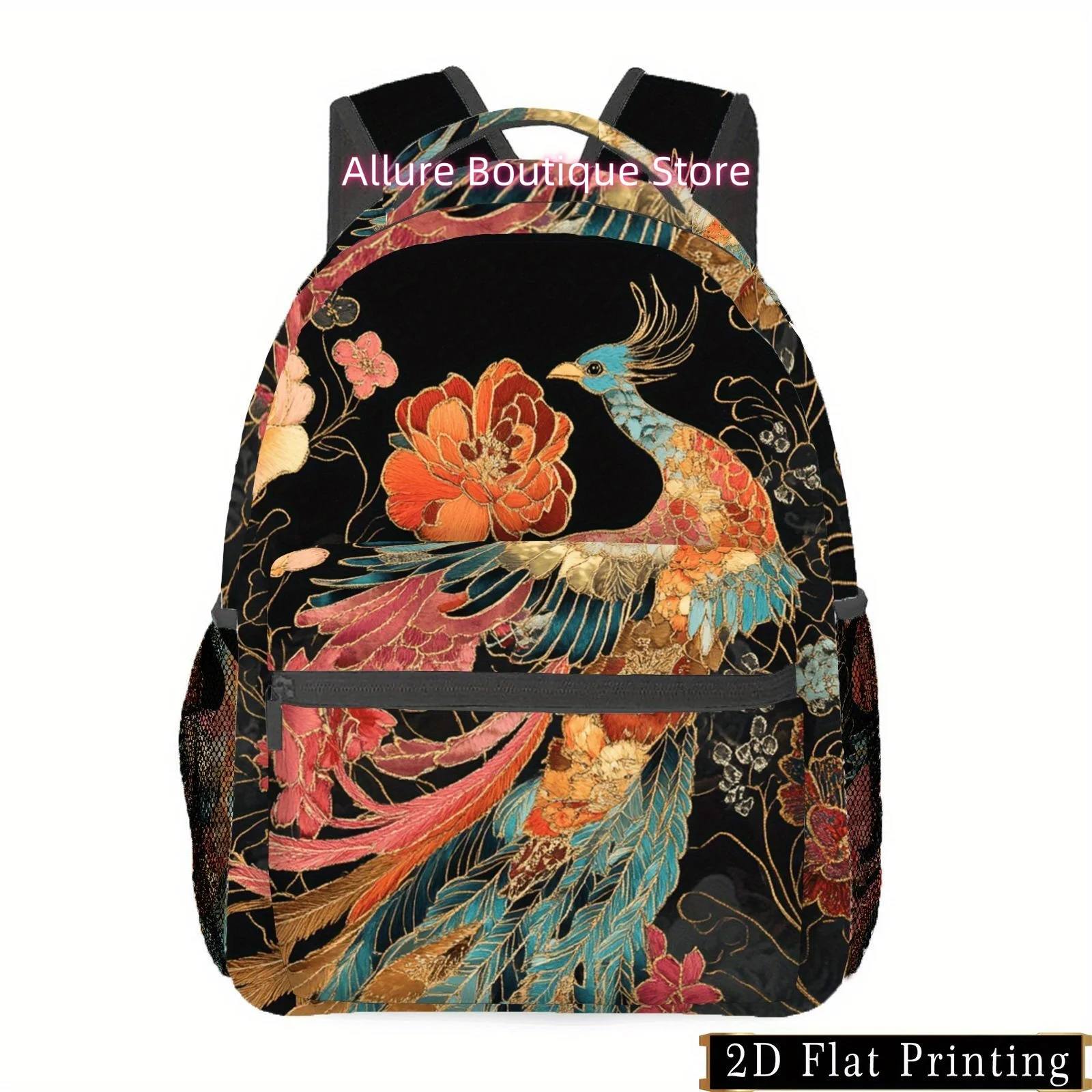 1pc 's Backpack with Phoenix Floral Print - Red/Black/Golden/Teal/, Large Capacity Laptop Backpack with Zippered Compartments, A