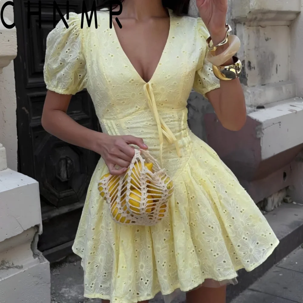 

CHNMR Elegant Yellow V-neck Puff Sleeve Women Mini Dress Summer Sexy Lace-up Dresses Casual Streetwear Commute Bandage Vestidos
