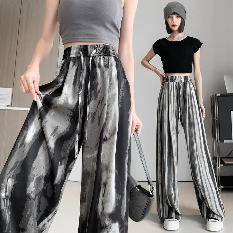 Hundreds of Wide-legged Pants Female High Waist Draping Thin Summer Thin Pants Ice Silk Striped Sunscreen Straight Casual Pants