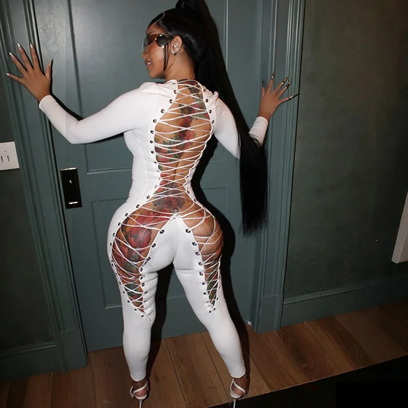 Sexy Party Club Night Out Outfits Woman Jumpsuits and Rompers Long Sleeve Open Back Lace-up Hollow Out Bandage Bodycon Overalls