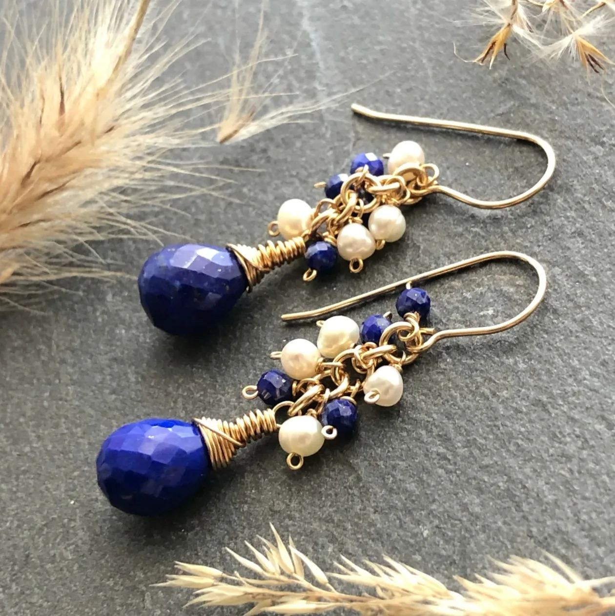 Aquamarine and Freshwater Pearl Cluster Drop Earrings