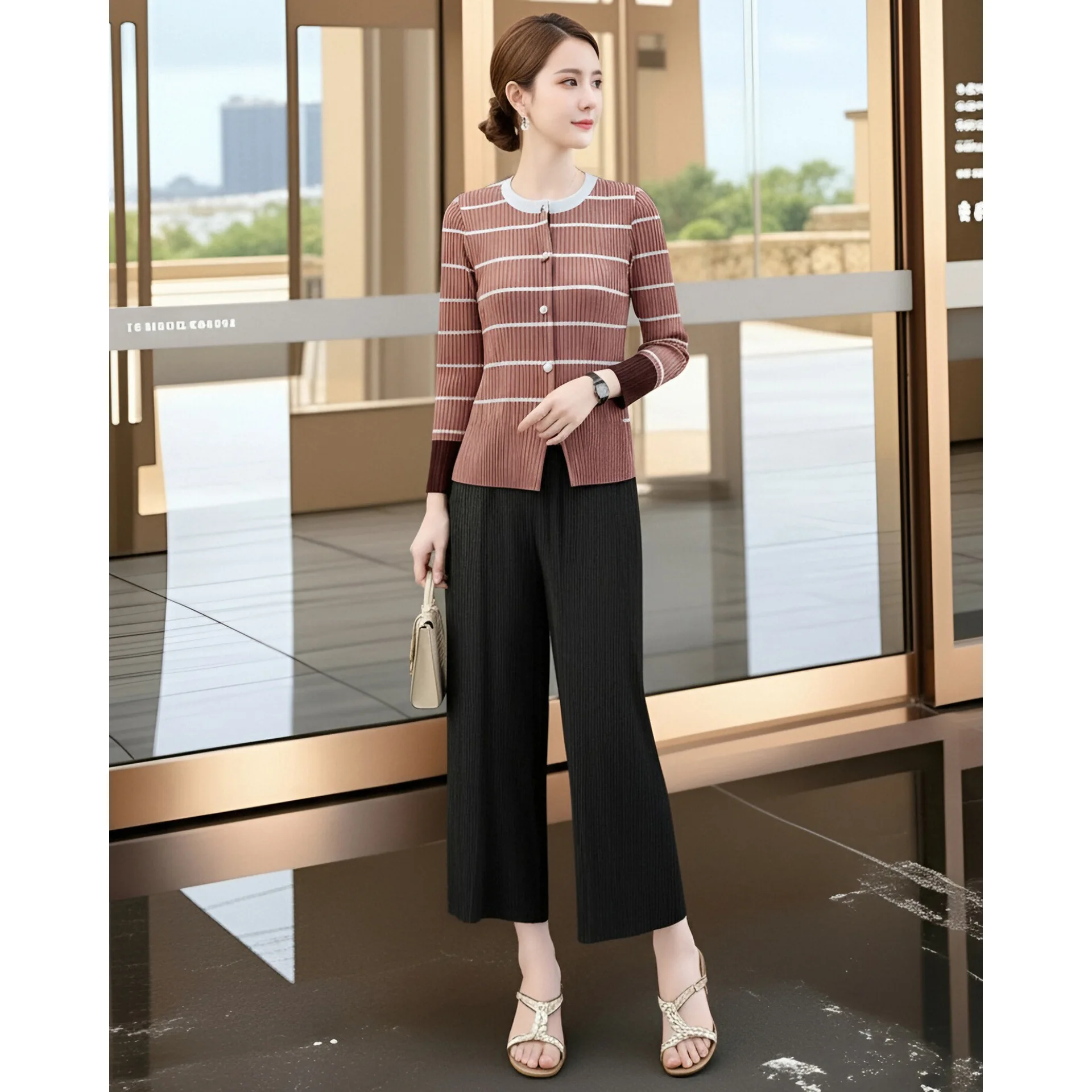 

Miyake Pleated Peplum Stripe Printed Women's Tops Fashion Casual Round Neck Cardigan Single Breasted Tops 2025 Summer New