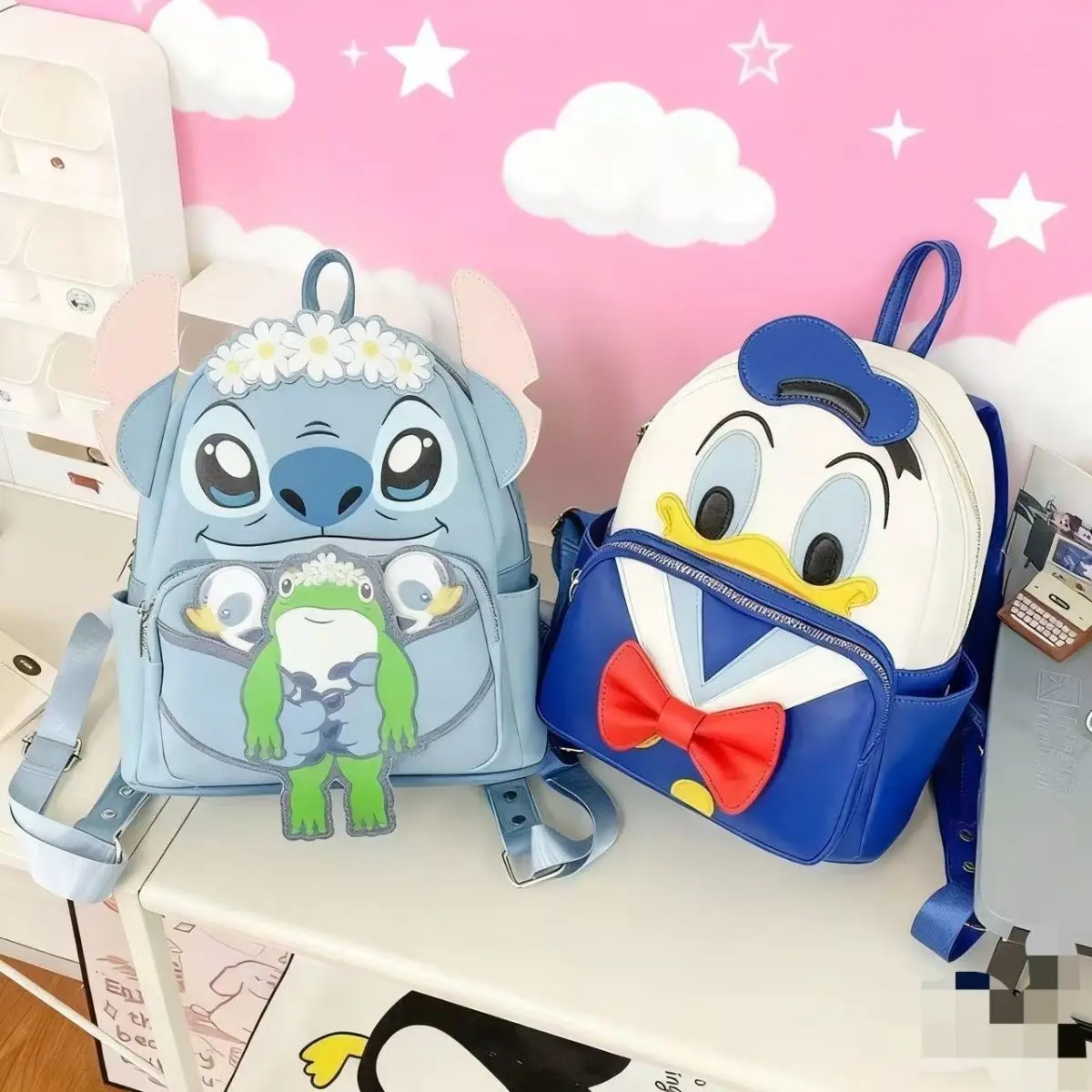 

Disney Stitch Donald Duck 3D Pu Zipper Double-Layer Backpack Kawaii Outdoor Girl Travel Backpack Cosmetics Storage Bag Gift