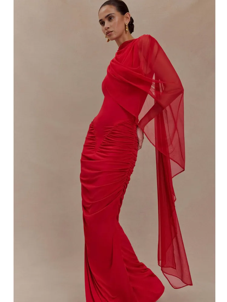 Articat Elegant Sleeveless Mesh Patchwork Bodycon Long Dress Women Double Layer Ruched Party Club Evening Dress Autumn New 2025