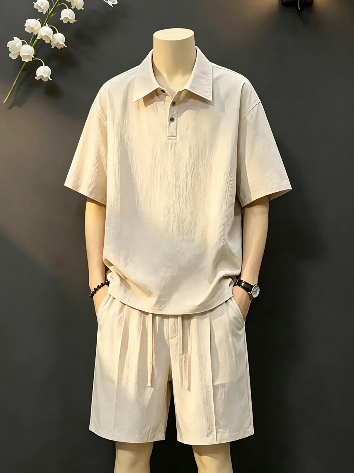 軽量リネンポロシャツとショートパンツセット速乾性半袖メンズ夏ファッションカジュアルスポーツウェアティーンエイジャー向けアンサンブル