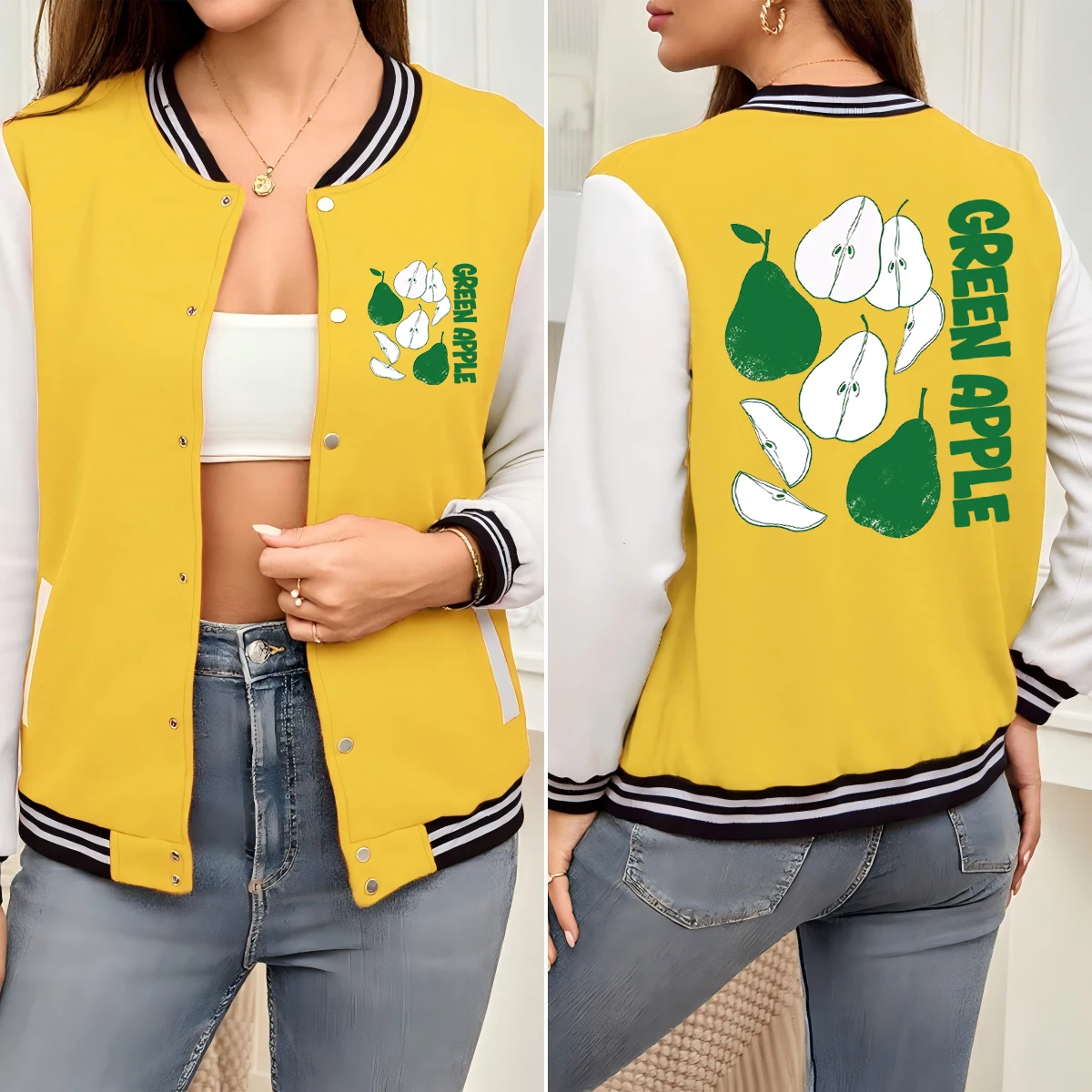 

Fresh Green Apple Fruit Prints Woman Jacket Loose Hip Hop Baseball Uniform Cotton Button Sportswear Autumn Colorful Clothes
