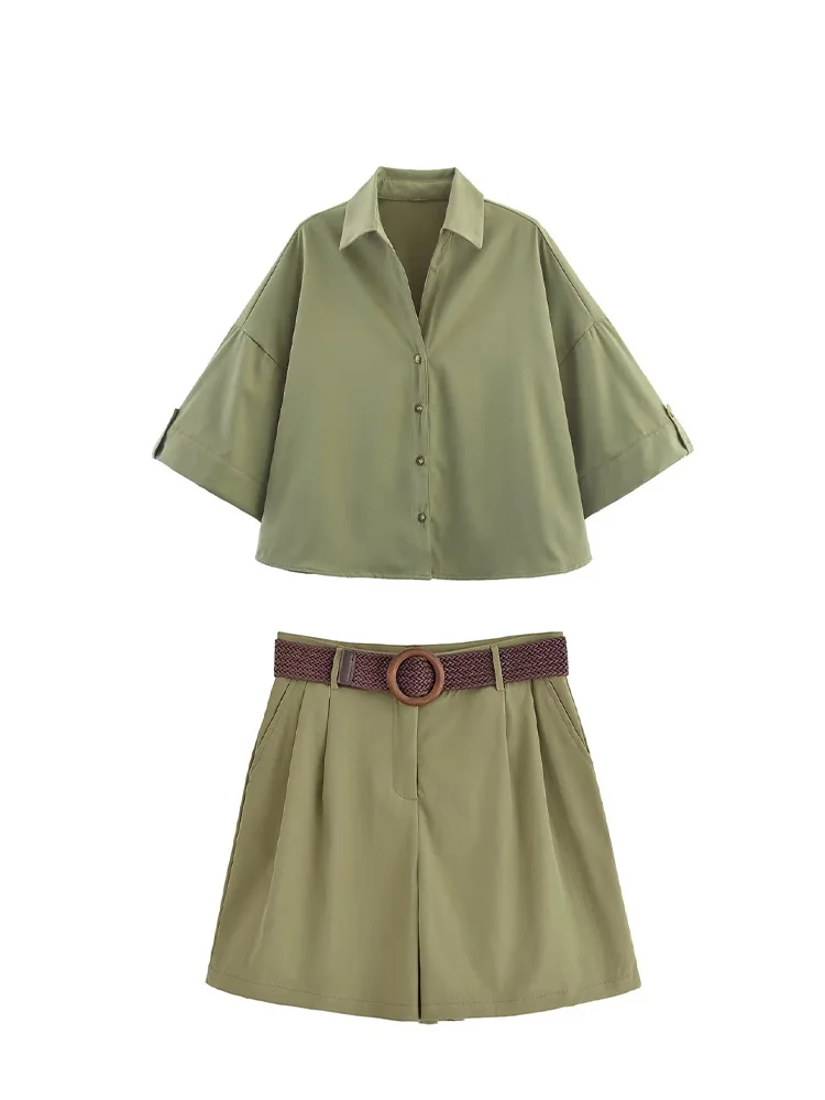 HH レディース エレガント ターンダウンカラー シングルブレスト シャツ トップス+シックなミッドウエストベルト装飾 ジッパー付きカジュアルショーツ 2点セット