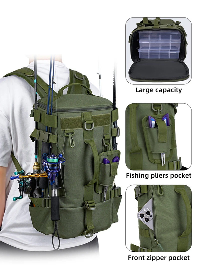 Taktischer Angelrucksack, Tackle-Tasche mit Rutenhaltern, Aufbewahrung von Fischgeräten, Molle, Camping, Wandern, Outdoor, multifunktionale Tasche – Detail 3