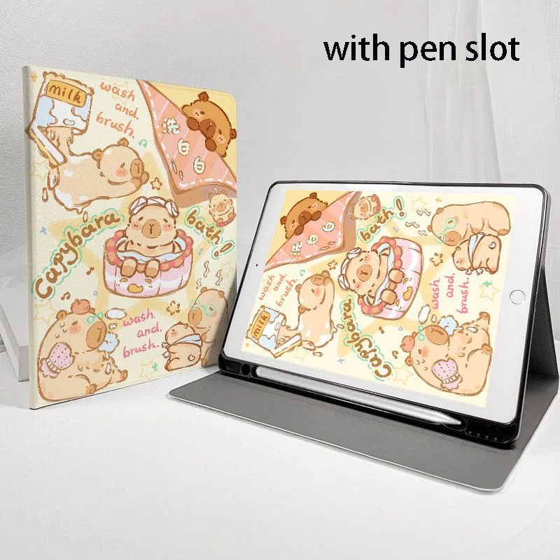 Cute Miniso Capybara Ipad 10 Case Anime Cartoon Tablet 2022 Mini 5 4 9.7 10.2 Inch Airbag Air 5 4 Fold Cases Toys Girl Gifts