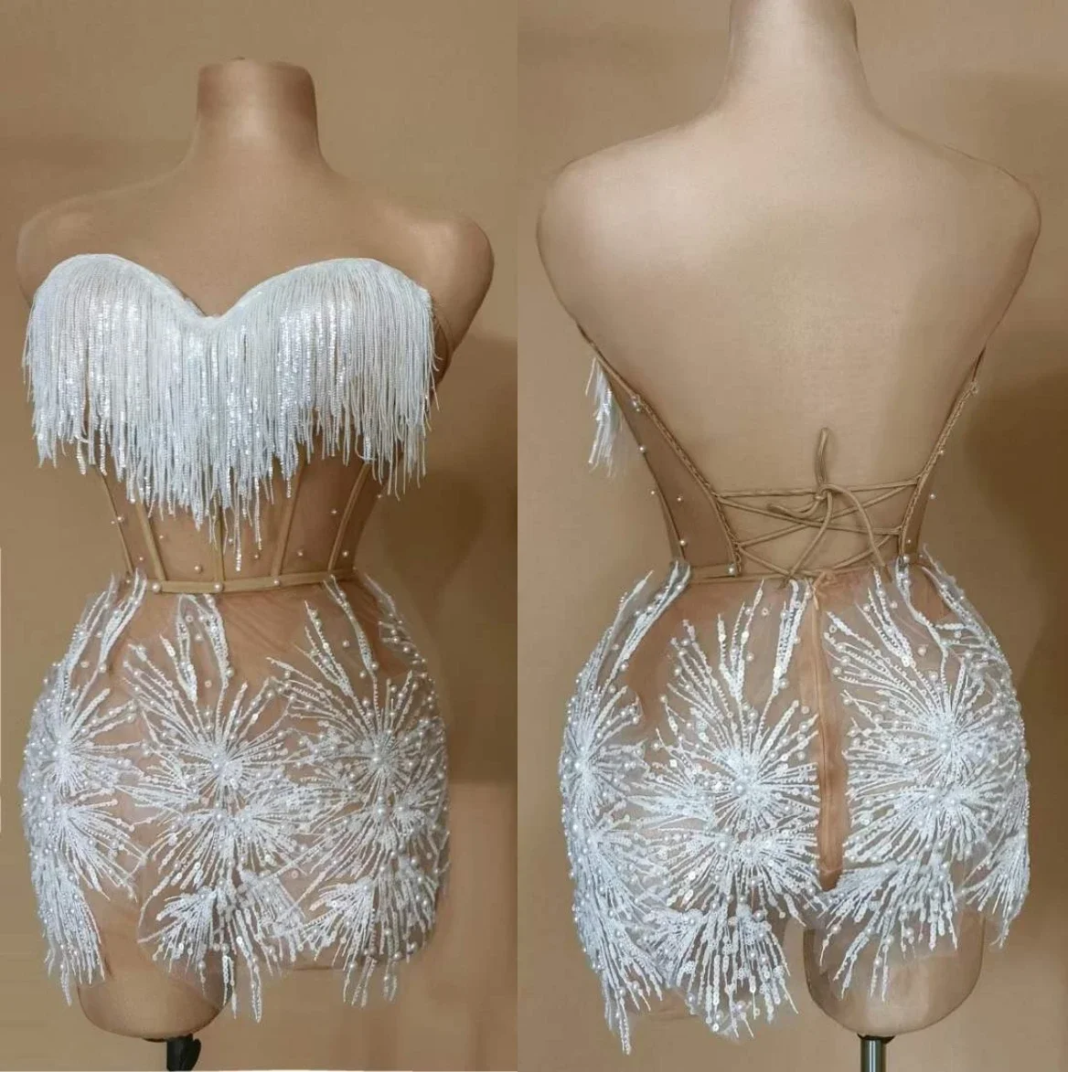 Sexy Fringe Women Sheer Dress Dance Outfit White Snow Backless Pearls Stunning Stage Singer Wear Drag Queen Costume