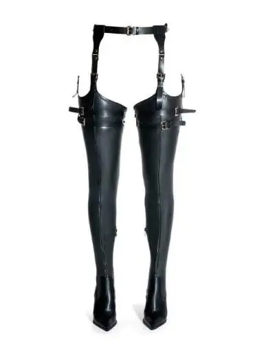 Sexy Black Matte Leather Pointed Toe Waist Belt Buckle Slim Thin Heels Over The Knee Jumpsuit Boots Punk Thigh Pants Boots Lady