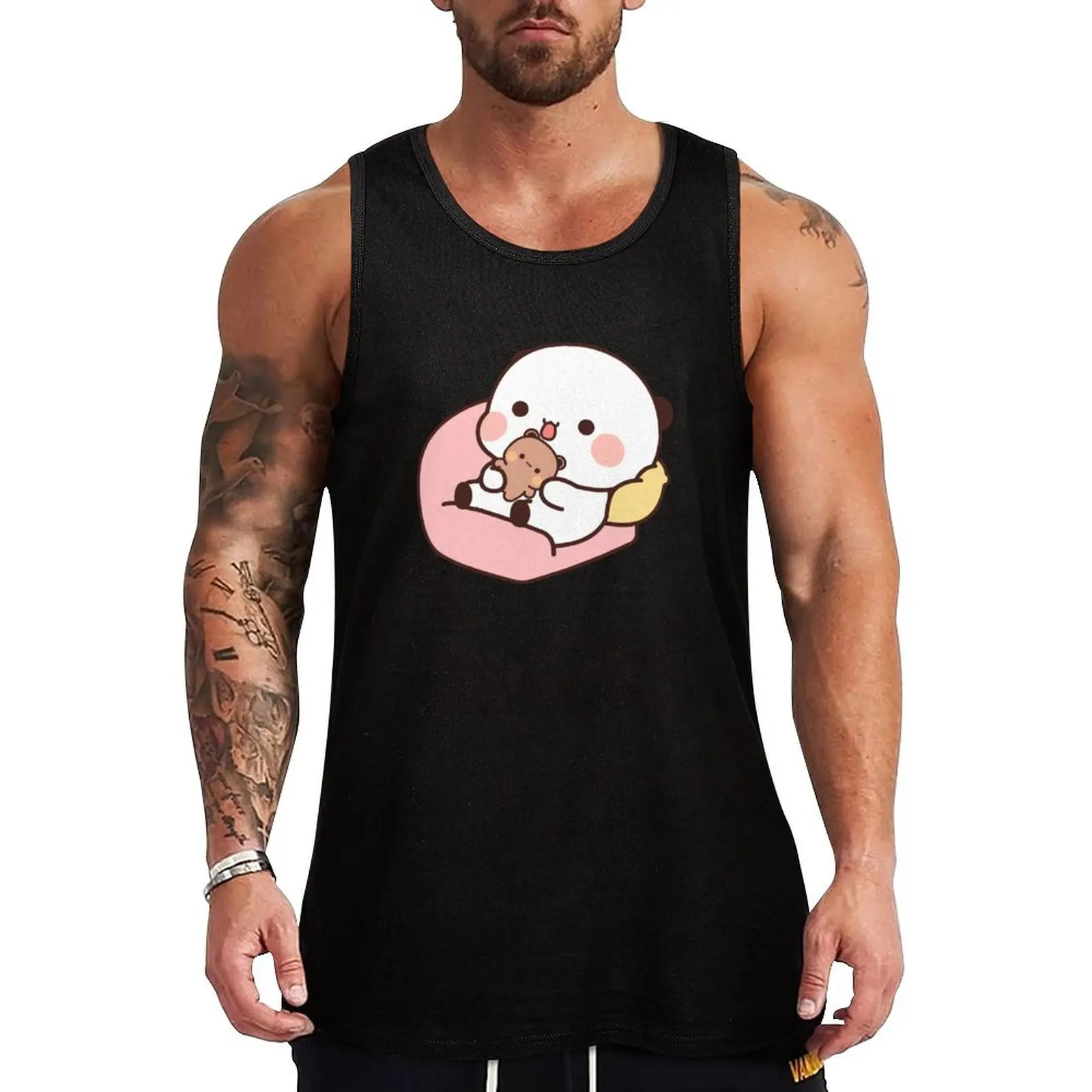 

BuBu Panda playing with mini DuDu Bear toy Tank Top Men sleeveless tee Man summer clothes Sleeveless men