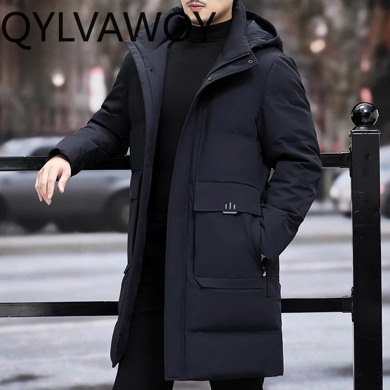 QYLVAWOY 83% Polyester Men's Winter Cold-Proof Mid-Length Down Jacket Warm Thickened White Duck Down Plus Size Outerwear LJ2151