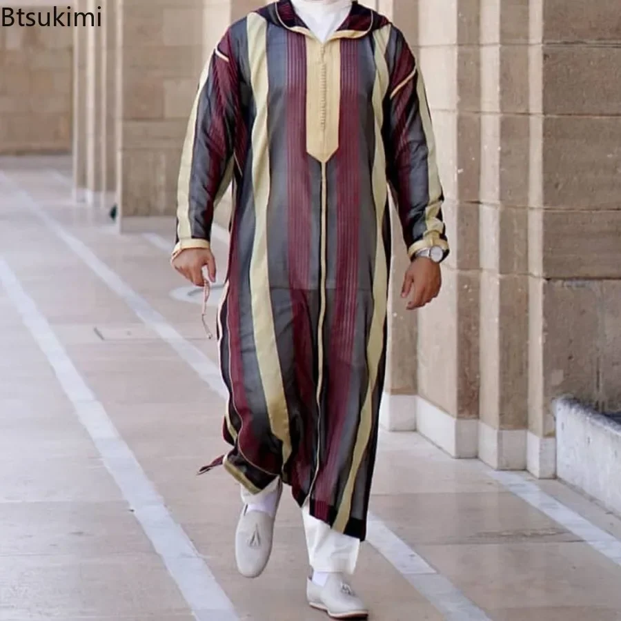 New Men Muslim Jubba Thobe Patchwork Striped V Neck Long Sleeve Caftan Dubai Robe Vintage Islamic Arabic Men Kaftan Men's Gift