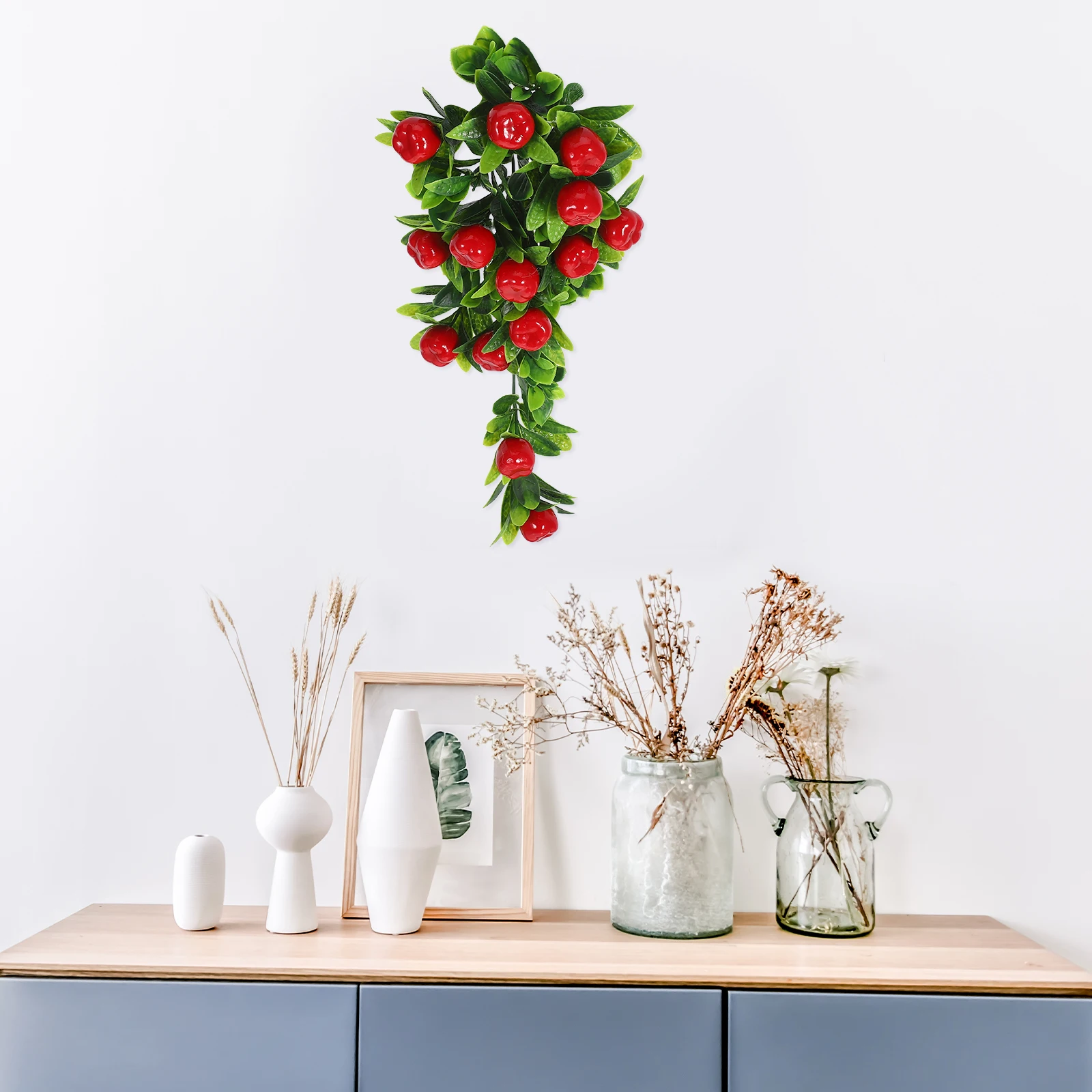 

2pcs Artificial Hanging Realistic Fake Green Leaf Plant Decorative Prop Home Wall Decor Imitation Fruit Vine Faux Plant Wall