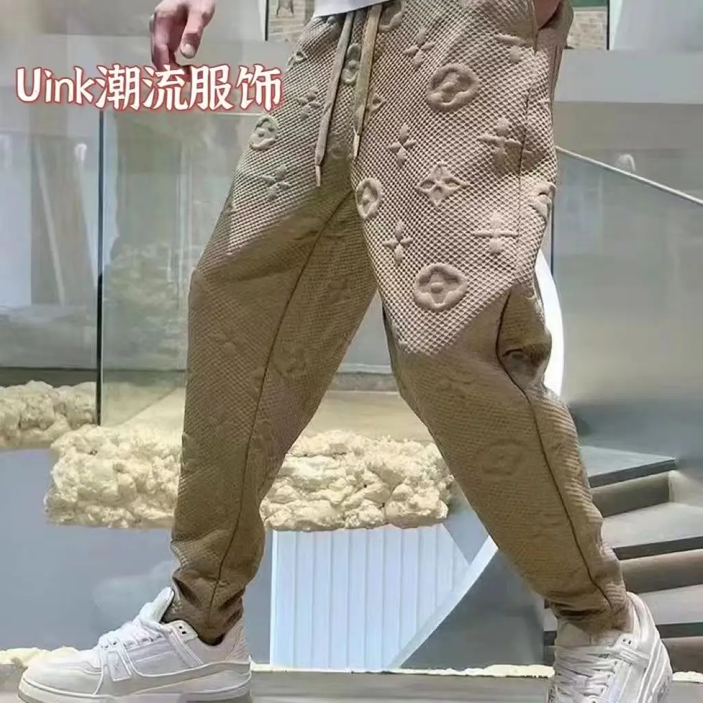 3D three-dimensional jacquard fashion trend men's slim-fit sports knitted sweatpants casual pants