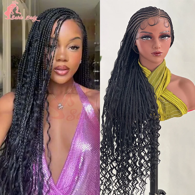 

36" Wear go Glueless Synthetic Full Lace Front Wig Boho Braided Wigs Curly End Afric Cornrow Braiding Lace Wigs For Black Woman