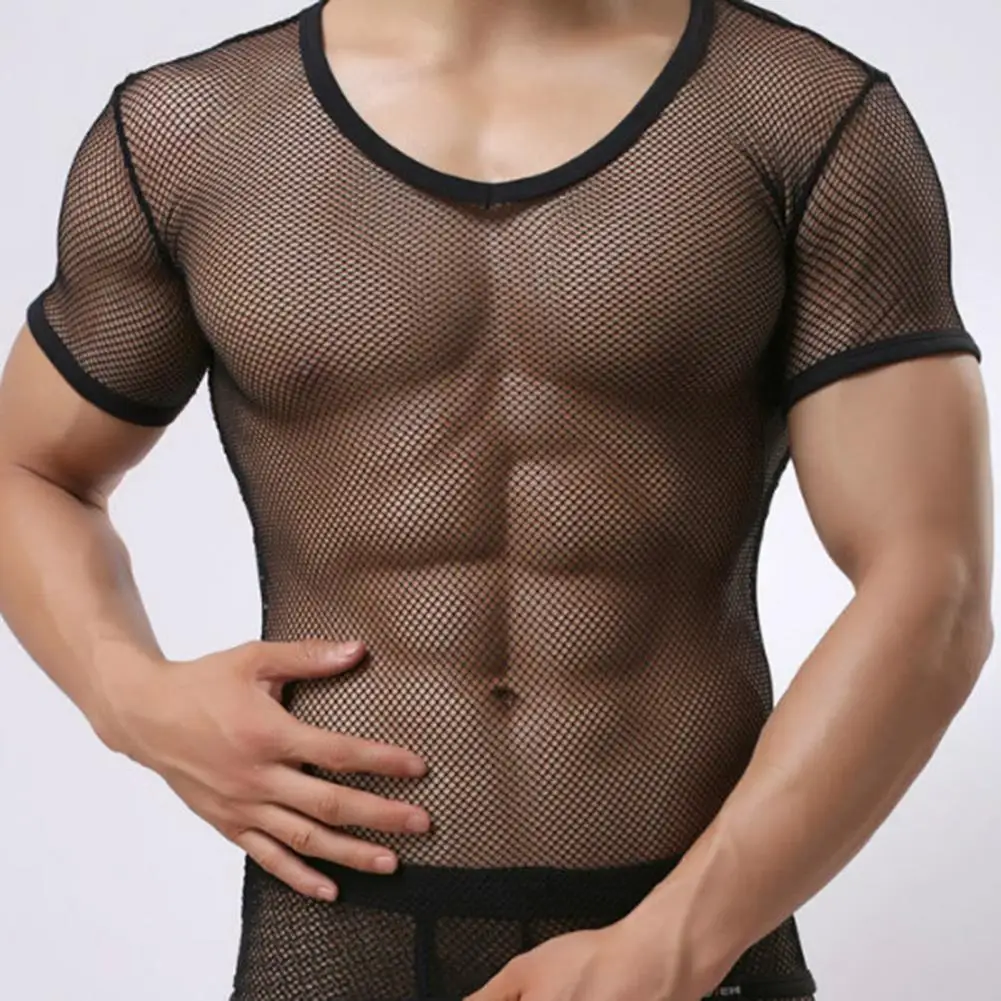 Mesh Men T-shirt Men Mesh Sexy Men See Through Blouse Sexy T-shirt Skin-friendly