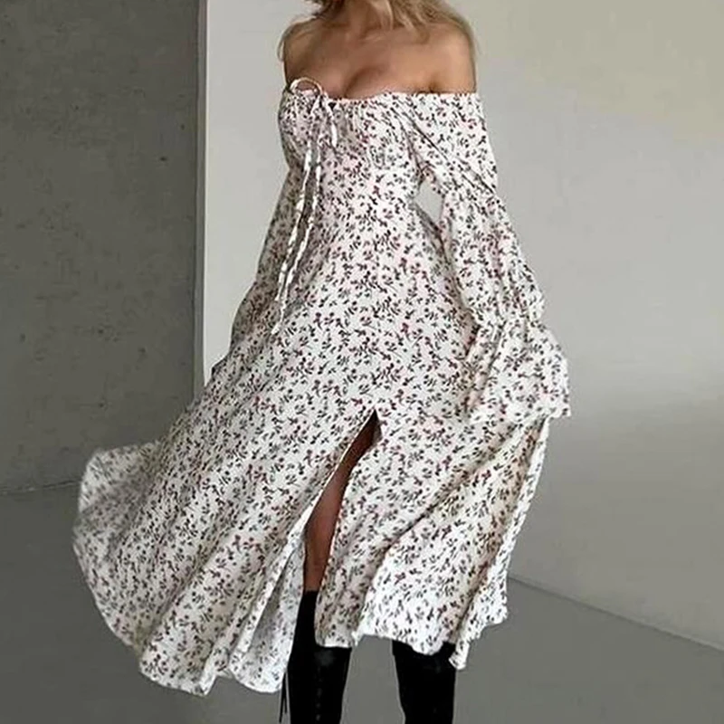 

2024 Elegant One Shoulder Floral Printed French Dress Women Autumn Long Sleeve Swing Party Dress Chic Lady High Slit Party Dress