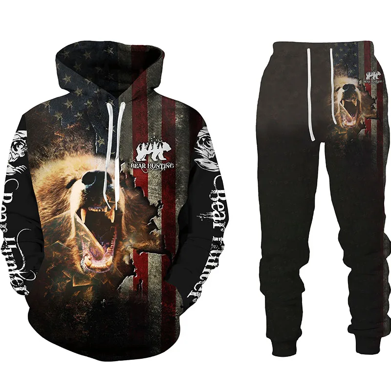 Men’s Hoodies Sets Hunting Bear Bow Hunter Camouflage 3D Printing Hoodies Tracksuit Jogging Pants 2Pcs Sets Clothing Oversize