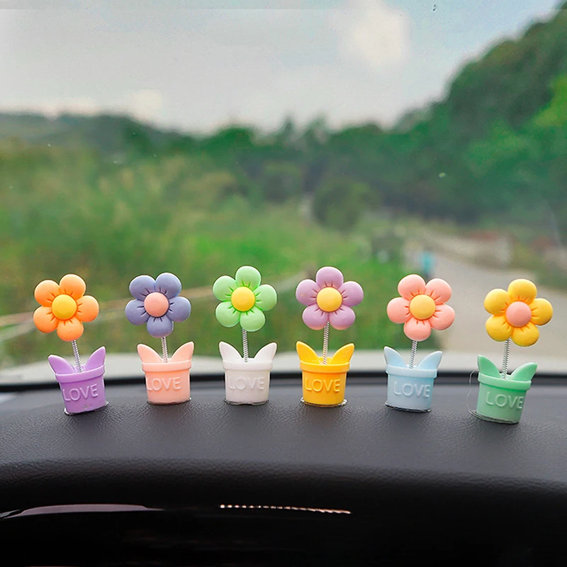 Cute Cartoon Car Center Console Decoration Simulated Potted Flower Desk Ornaments Creative Swinging Potted Car Decoration