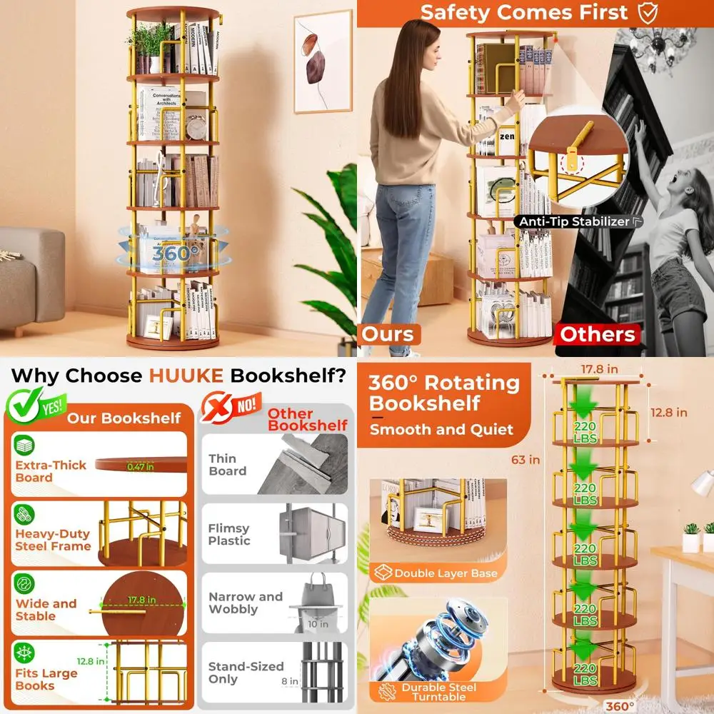 

Tall Narrow Revolving Bookshelf, 5-Tier Rotating Tower, Space-Saving Swivel Floor Standing Storage Solution