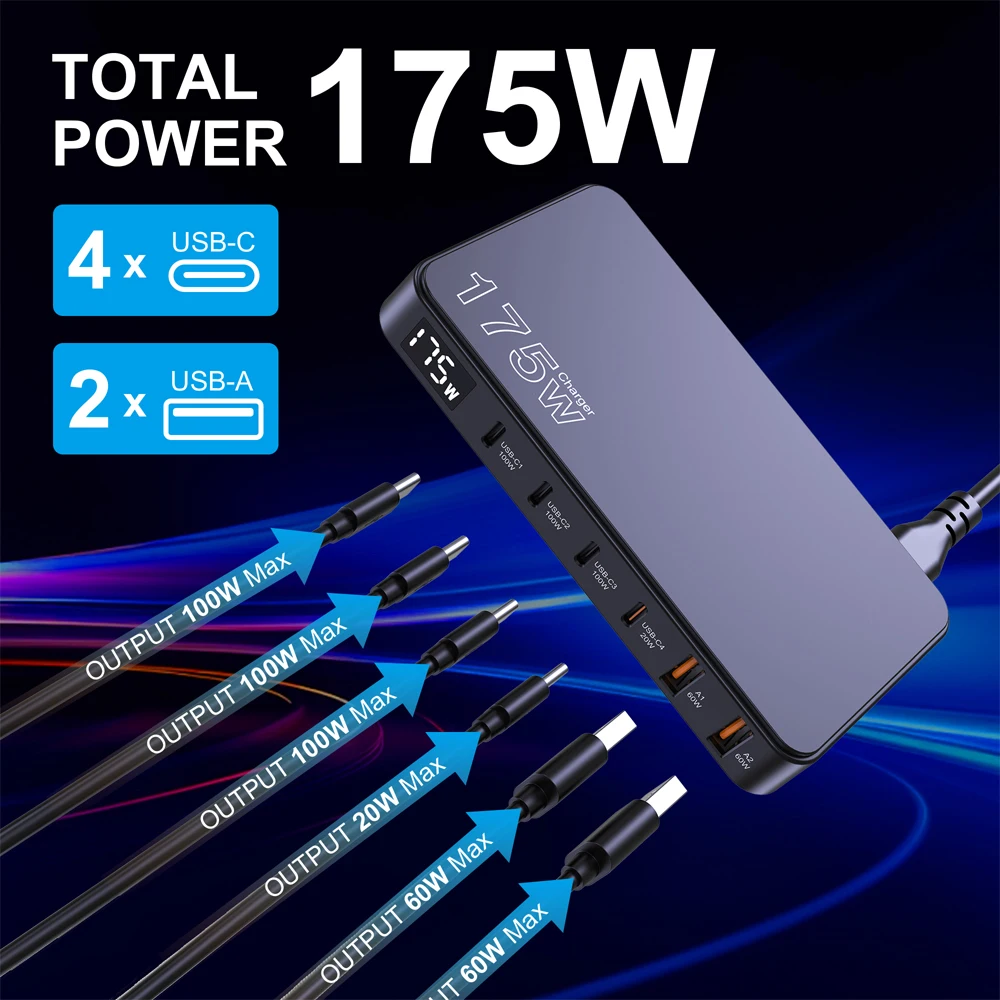 شاحن Ueetop 175 واط شاحن USB C GaN بشاشة LED 6 منافذ شاحن سطح المكتب من النوع C PD 100W PPS 45W للشحن السريع لجهاز MacBook Samsung iPhone