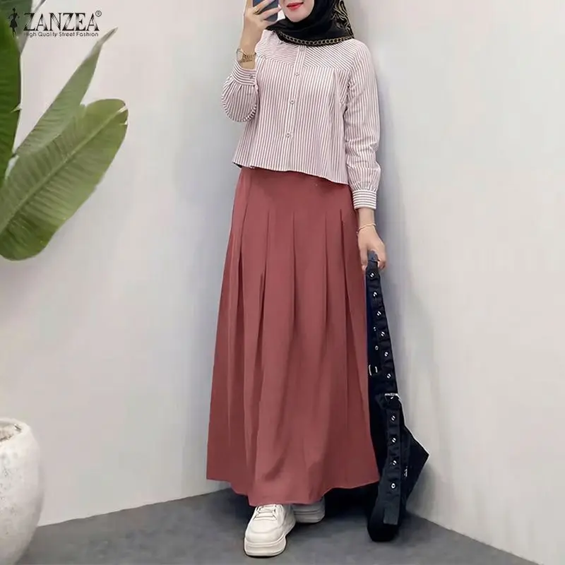 

ZANZEA 2PCS Muslim Outfits Women 2 Pieces Sets Elegant Long Sleeve Striped Shirt Dress Suit Hijab Fashion Matching Sets Ramadan