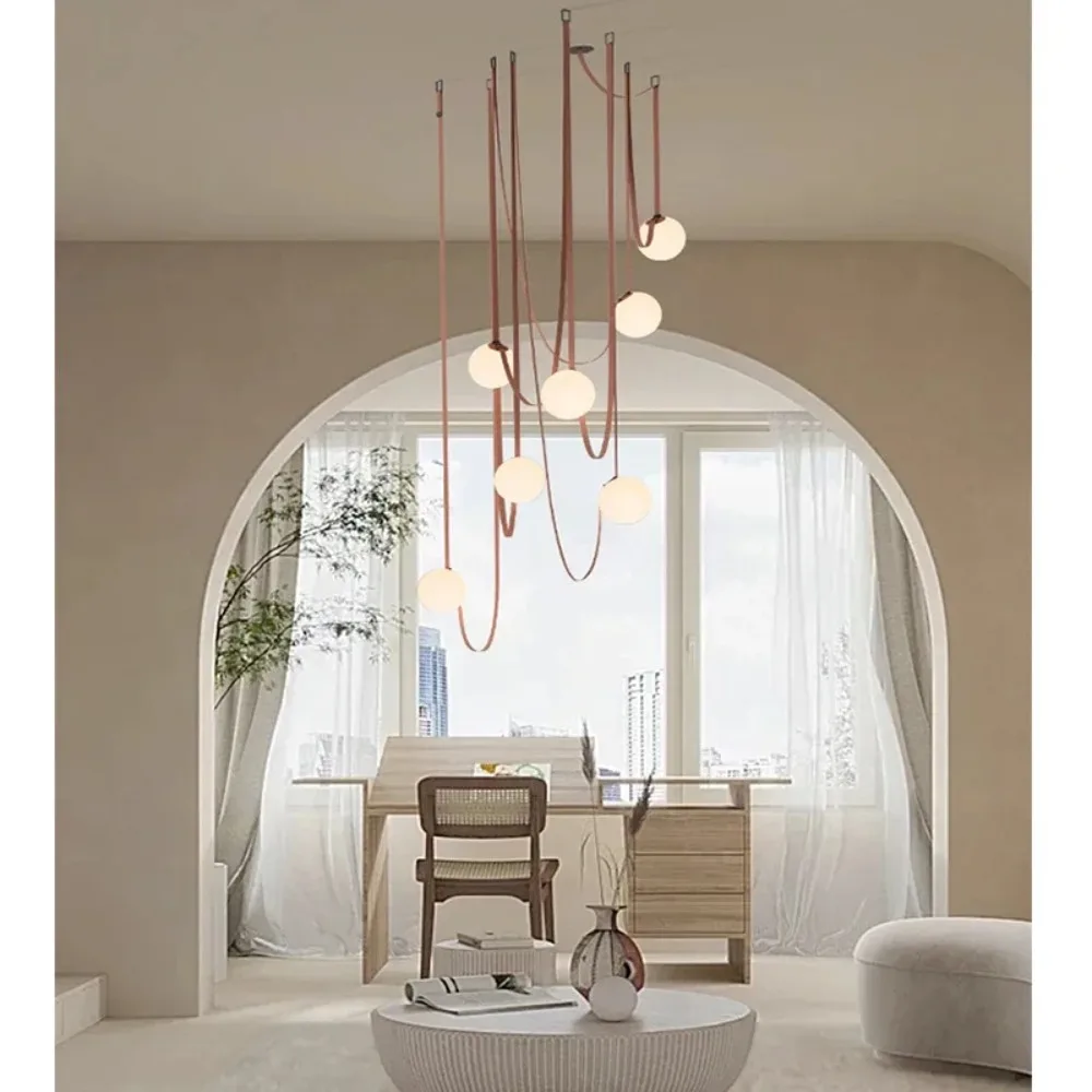 2024 Modern Simple Leathers Staircase Villa Belt Glass Ball Living Room Dining Room Chandelier Postmodern Replica Chandelier