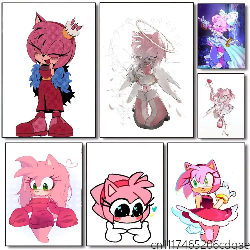 Hedgehog Amy Rose Rolled Poster Cartoon Wall Art for Nursery Kid Room Playroom Cute Princes Painting Home Room Decor