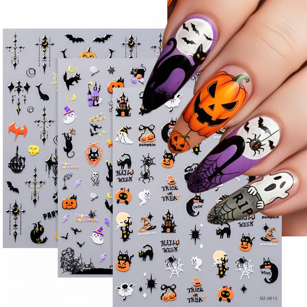 1PC 5D Halloween Nail Art Decalcomanie Gatto Nero Zucca Fantasma Modello Adesivo Slider Adesivi 10X8 cm FAI DA TE Scuro Halloween Nail Sticker