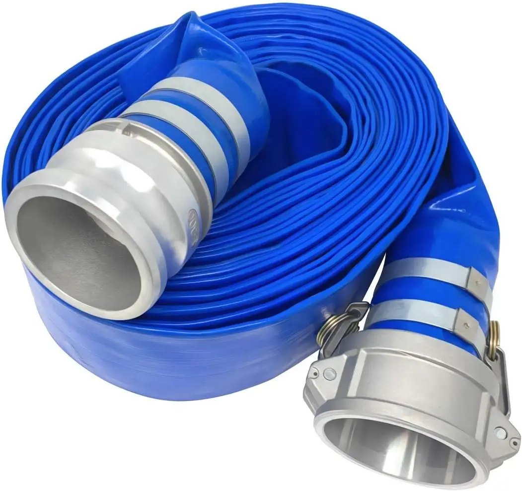

3" x 50′ Blue Lay Flat PVC Hose Assembly with Aluminum Cam and Groove C and E Fittings used with a Sump Pump or Water Transfer