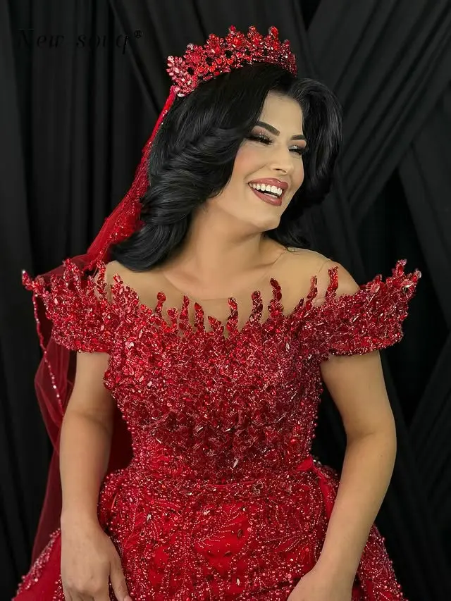 Crystals Red Off Shoulder Two Pieces Evening Dresses with Detachable Train 2025 Customized Formal Wedding Party Gowns Arabic
