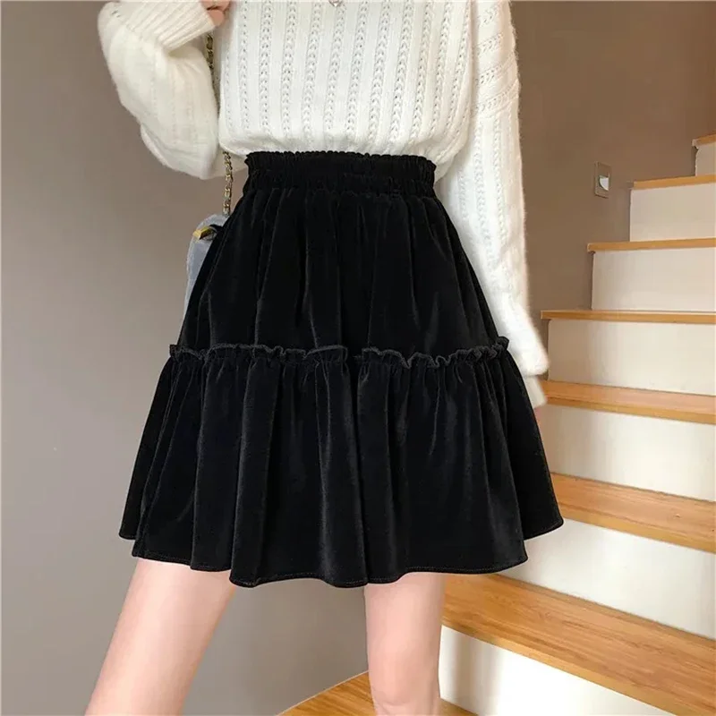 

Black Velvet Patchwork Mini Skirt Women Sweet Solid A Line High Waist Skirt Fashion Pretty Style Pleated Summer Student Skirt