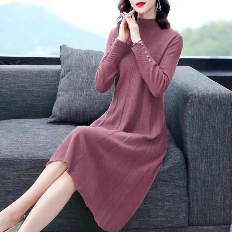 Vestido de casaco de malha para mulheres outono inverno camisola vestido de comprimento médio sobre o joelho temperamento estilo ocidental saia de camadas internas