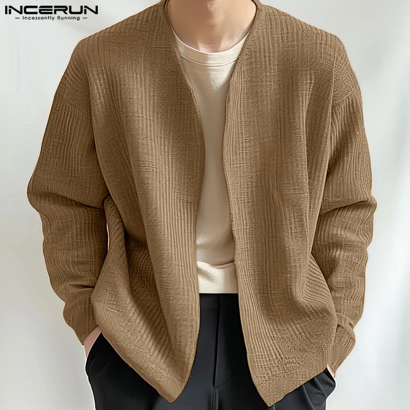 

INCERUN Men Jackets Solid Color V Neck Long Sleeve Open Stitch Male Coats Outerwear Streetwear Autumn New Style Fashion Jackets