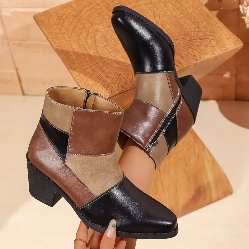 Color-blocking Soft Leather Short Boots for Women in Autumn and Winter New Side Zipper Thick Heels