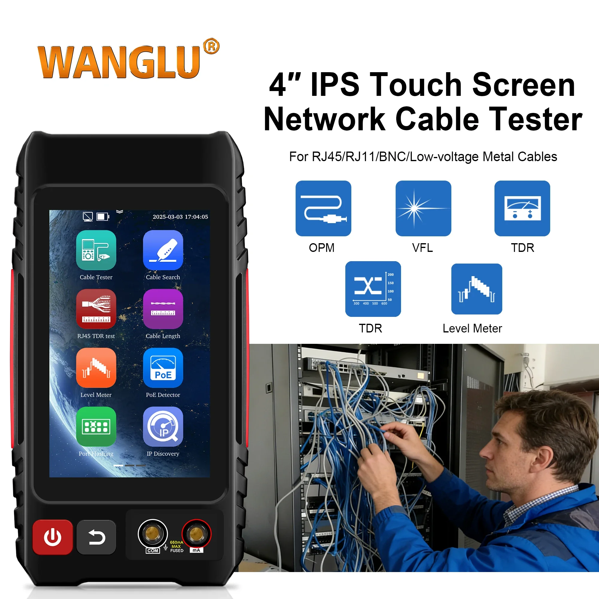 WANGLU LT-600T PoE Detector 3KM Cable Length Test Tester DMM/OPM/VFL/TDR Breaks and Shorts Test/Level Meter in One Finder Tool
