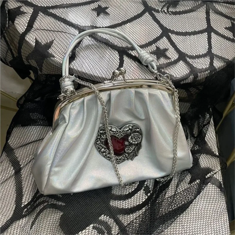 

JIAERDI Ретро лазерное сердце нишевый дизайн сумка женская цепочка плиссированная миниатюрная сумка на плечо женская Y2k эстетика сумка через плечо кошелек