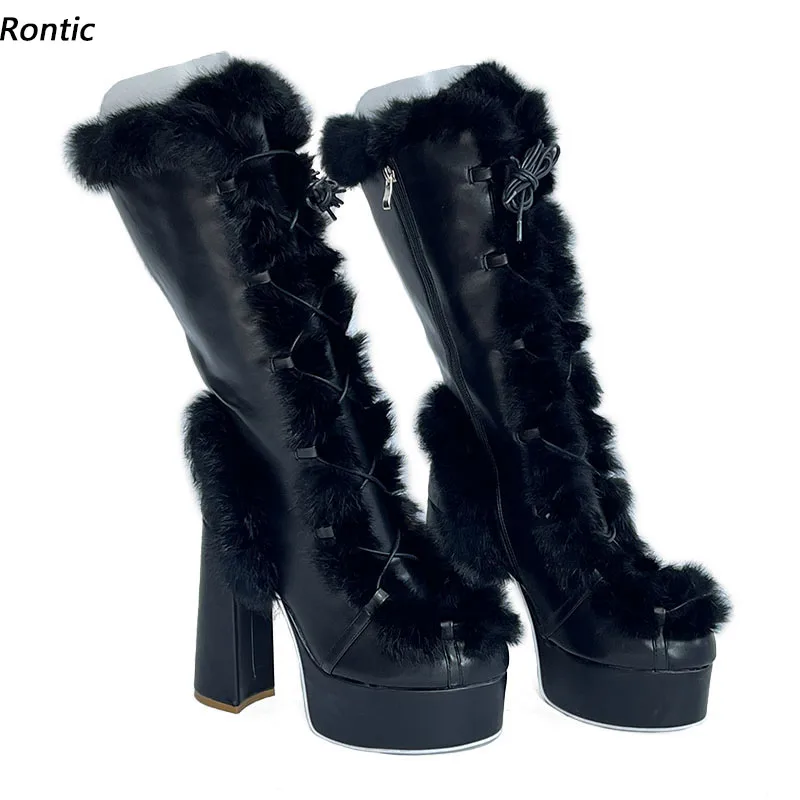 

Rontic Женские зимние ботинки до середины икры на платформе из искусственного меха на массивном каблуке с круглым носком Элегантные черные небесно-голубые роскошные туфли Размер США 5-20