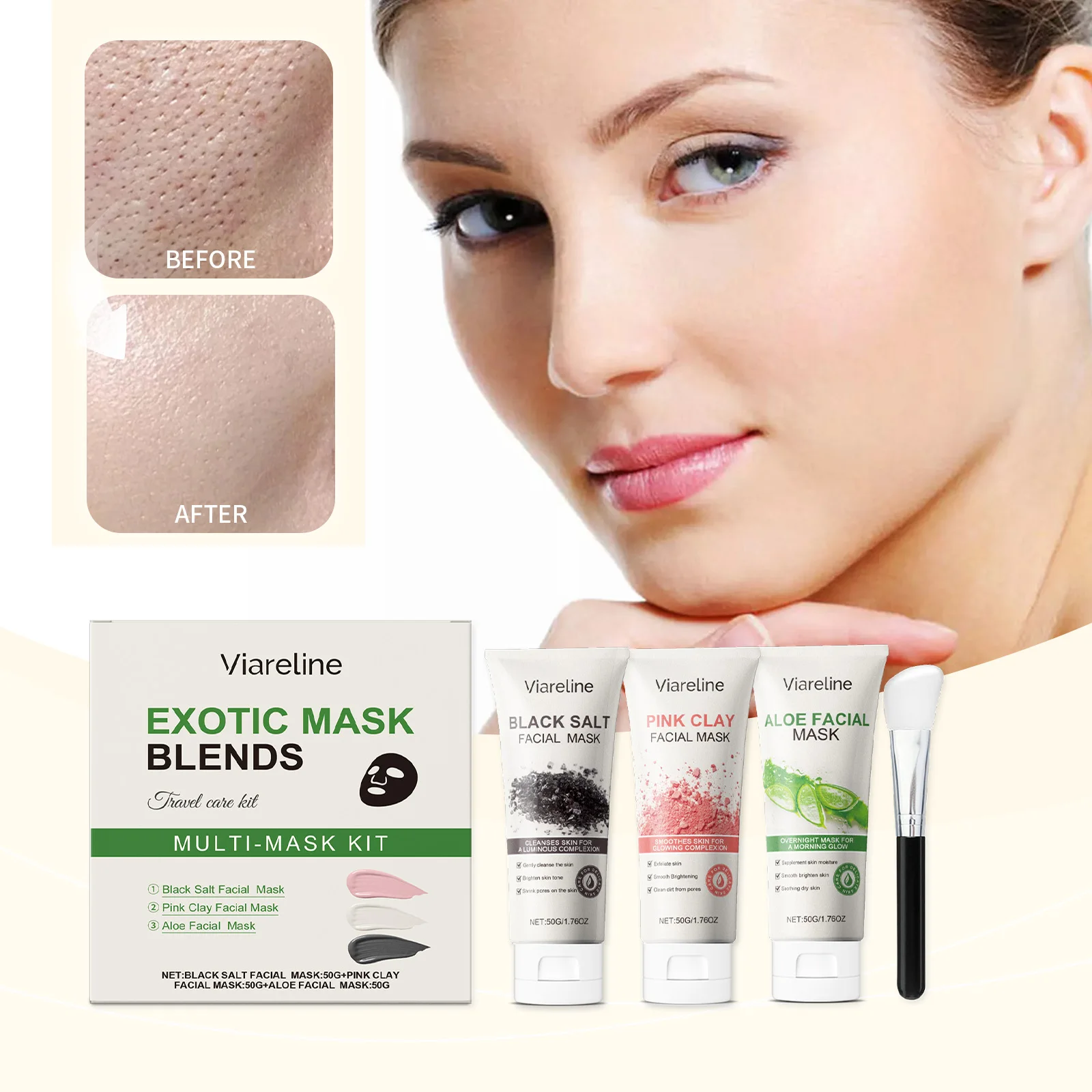 Mask Blends Travel Kit – 3-in-1-Multimaskenset mit schwarzem Salz, rosa Ton und Aloe-Gesichtsmasken zur Tiefenreinigung