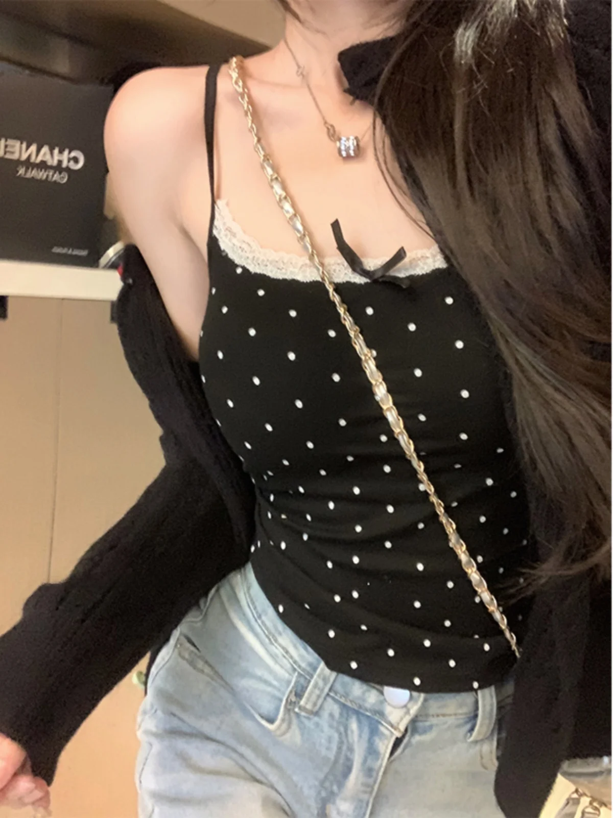 

plus Size Women's Lace Knot Tank Top Inner Wear Outerwear Trendy Polka Dot Design Commute Sle High Waist Fit