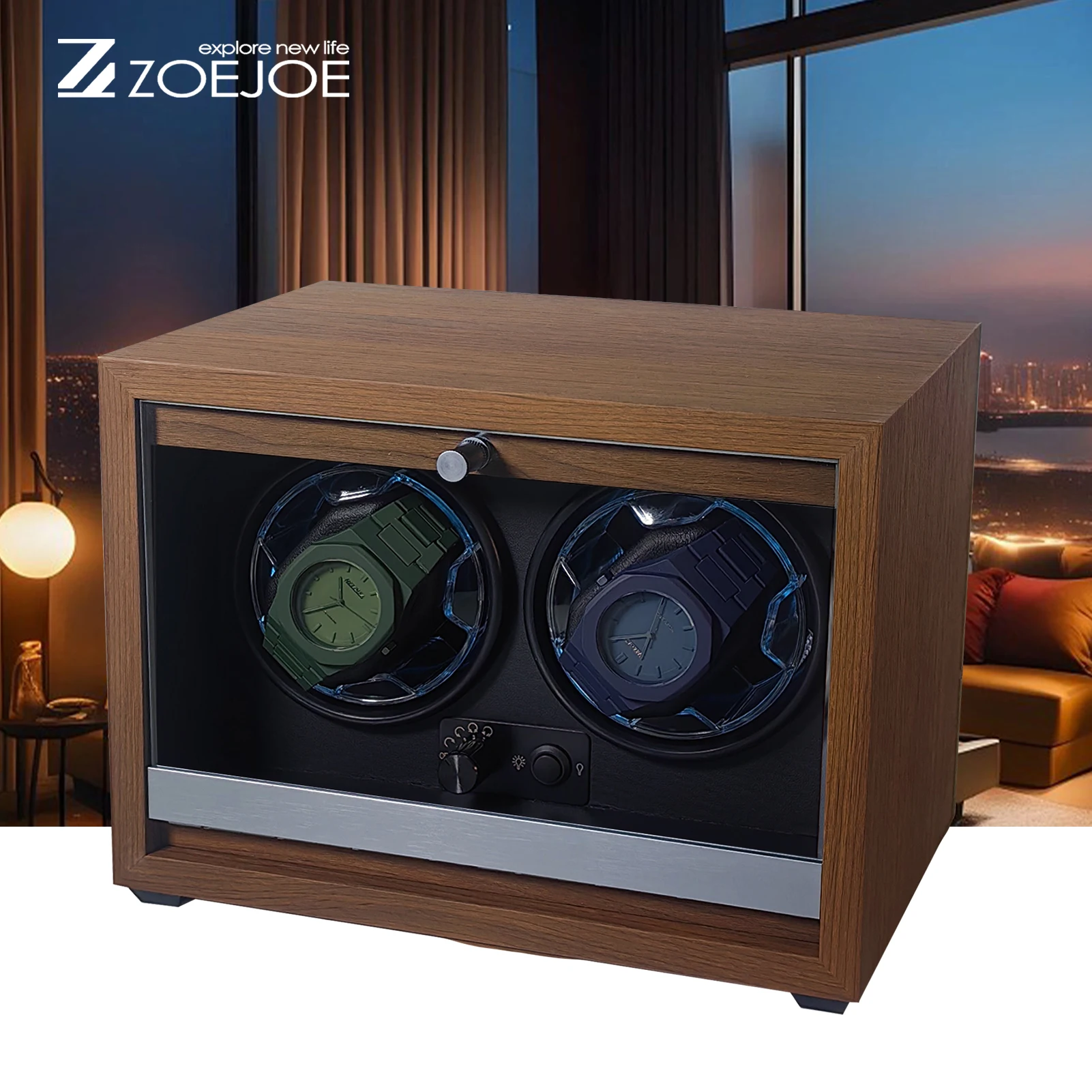 

1pc Double Watch Winder for Automatic Watches Wooden Watch Box with Flexible Pillow and LED Atmosphere Lamp Super Quiet Motor