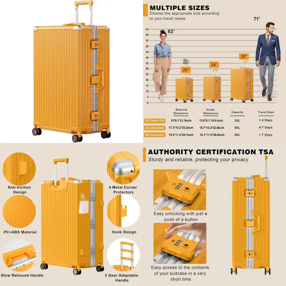 

28-дюймовый замок TSA с двойными вращающимися колесами, твердый чемодан без молнии с алюминиевой рамой для багажа для путешествий
