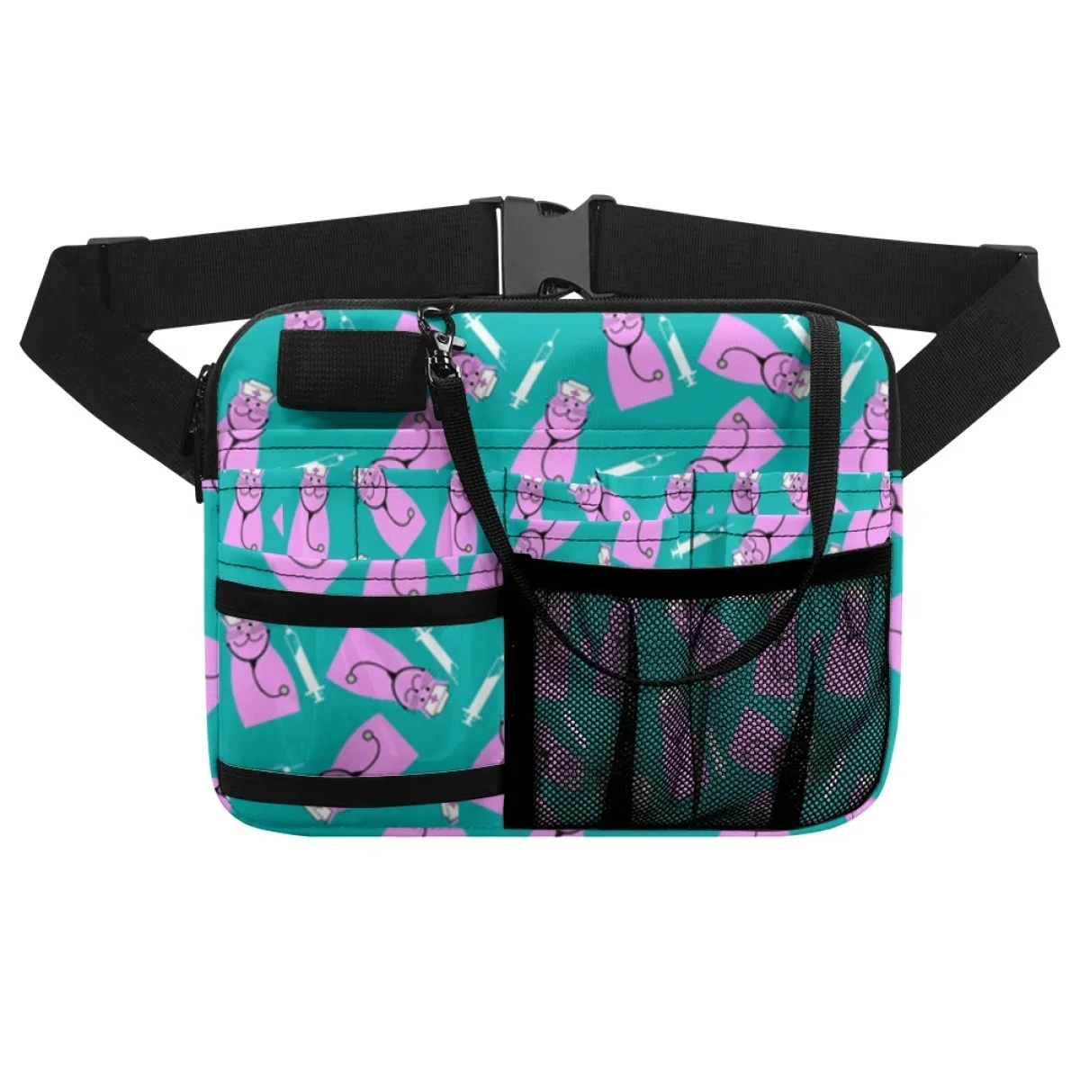 Purple Medical Pet Cat Print Casual Belt Bags Nursing Tool Waist Pouch Multi Compartment Hip Bag Pocket Fanny Pack Tape Holder