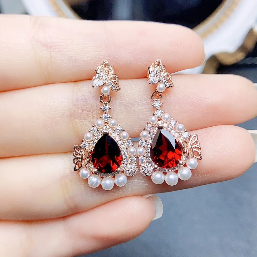 

FS S925 Sterling Silver Inlay 7*9mm Natural Garnet Earrings With Certificate Fine Charm Weddings Jewelry for Women MeiBaPJ