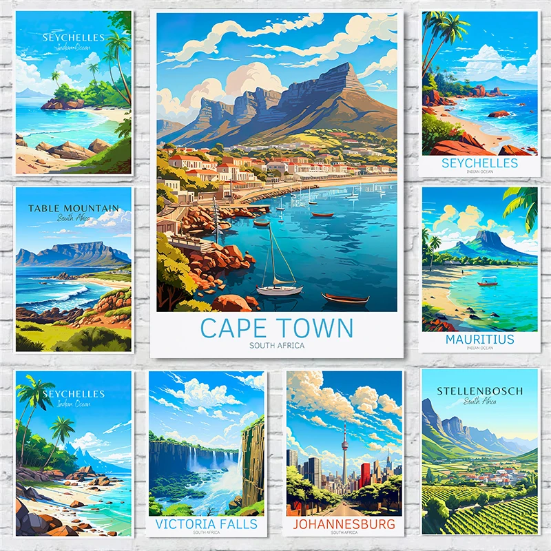 Africa Travel Scenery Poster Seychelles Victoria Falls Table Mountain Canvas Painting Photo Wall Art Picture Office Home Deco