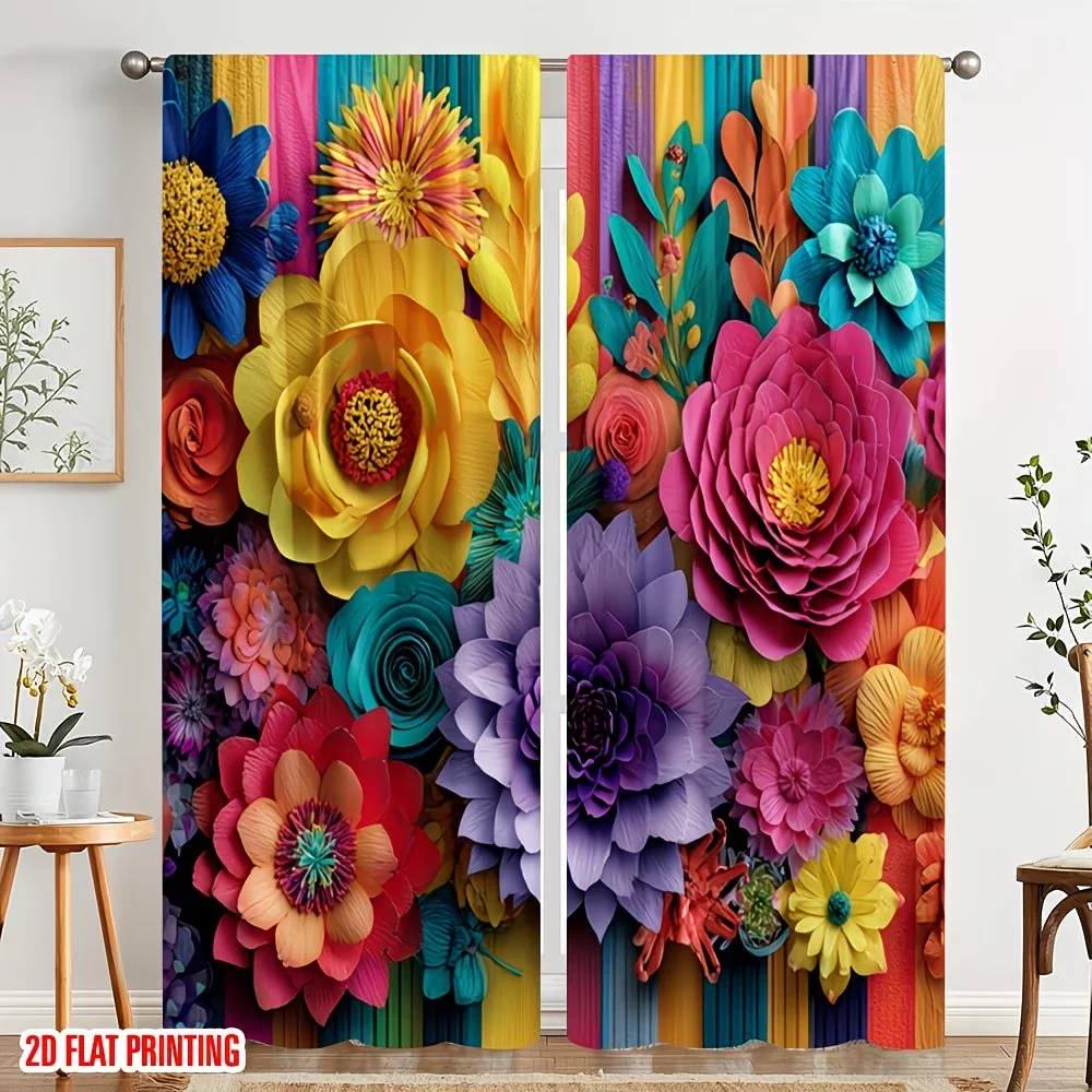 

2Pcs Curtains Colorful Flowers Window Drapes for Bedroom Living Room Decoration Window Treatment.