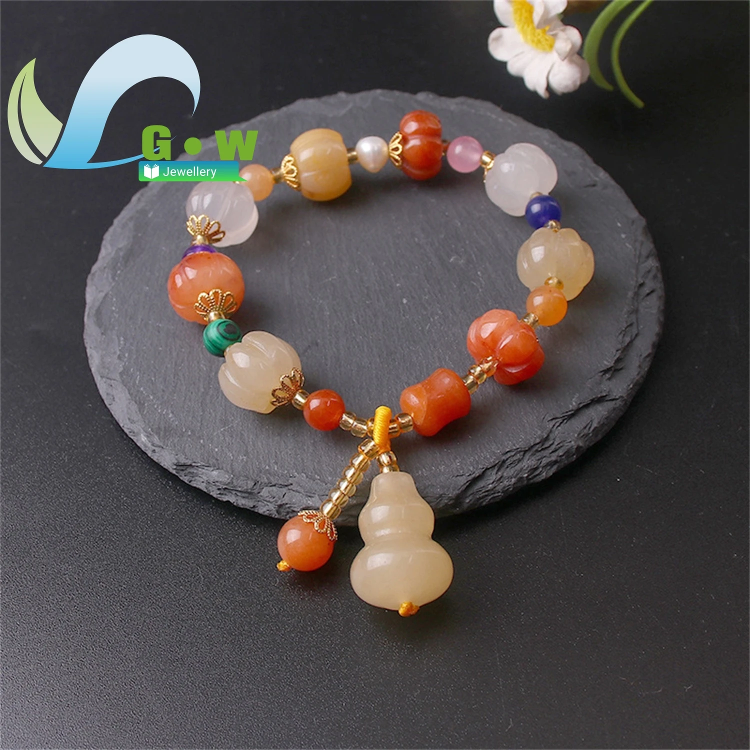 

New Gold Silk Jade Pumpkin Flower Bracelet Women Ethnic Style Graduated Bodhi Beads White Jade Gourd Pendant Hand Jewelry Gift W