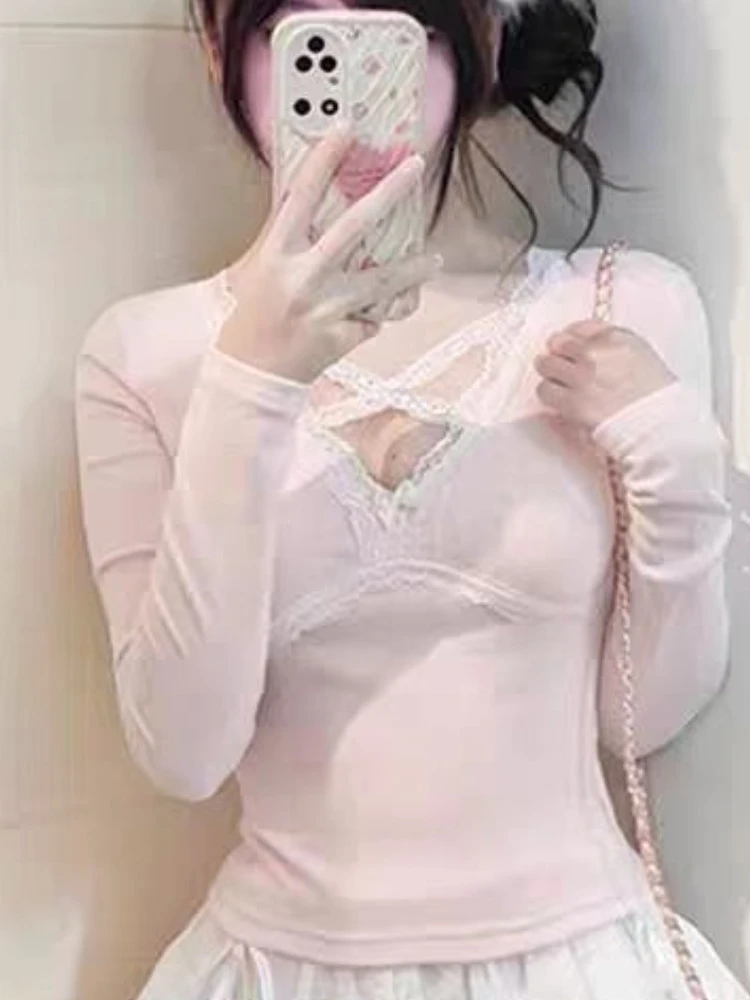 Pink Lace Bow V-neck T-shirt 2